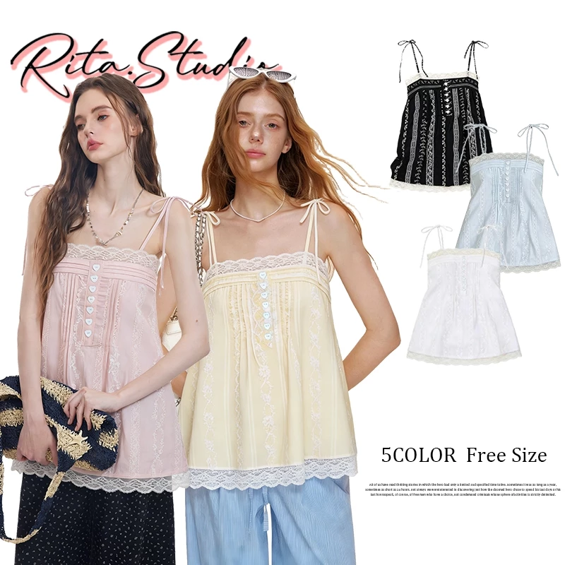 Rita พร้อมส่ง🍒เสื้อสายเดี่ยว ยางยืด ลูกบานกระดุมหัวใจ งานลูกไม้เลส ผ้าปั้มนูนลายดอก น่ารัก สไตล์เกาหลี แฟชั่นสุดฮิต