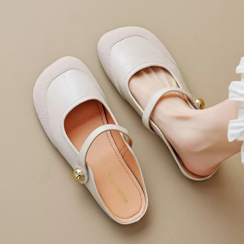 ✨Size35-43 รองเท้าเปิดส้นMaryJane สีครีมนู้ดสายคาดพื้นนุ่มใส่สบายสไตล์เกาหลี ไซส์ใหญ่