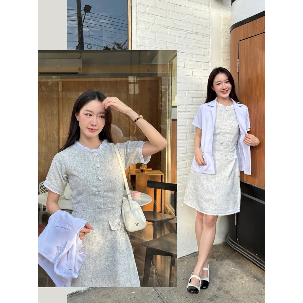 พร้อมส่ง(lotปรับซิปรูดง่ายขึ้น ) med.dailydress IRENA dressชุดผ้าทวีต ไปทำงาน ไปประชุม ออกงาน แต่งกระดุมขาว ทอง หรู lol