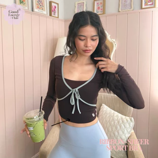 GOOD ENEGY CLUB - RIBBON-SHEER SPORT BRA[5723] สปอร์ตบราผู้หญิง แขนยาว ดีเทลผ้าตาข่าย (7L-7O)
