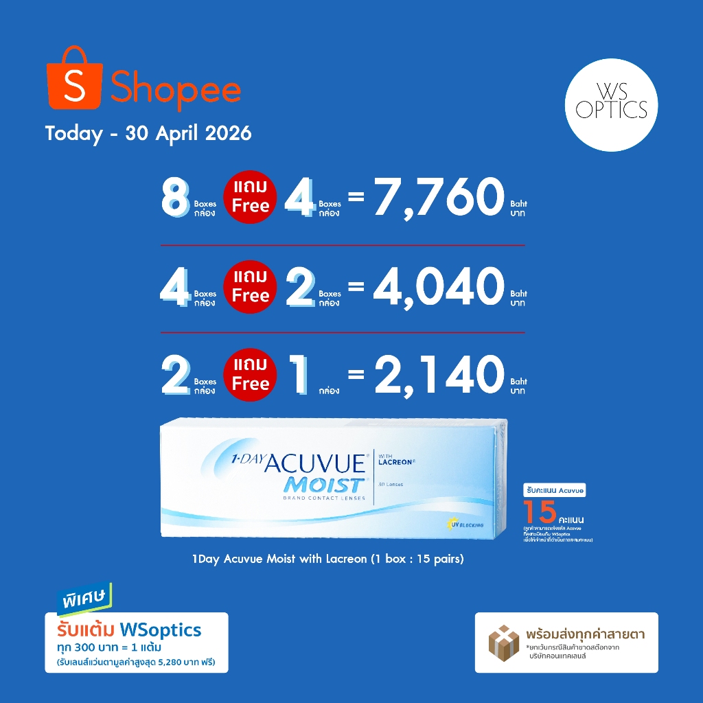 1-Day Acuvue Moist with Lacreon คอนแทคเลนส์รายวัน (1 Box : 15 Pairs) โปรโมชั่นพิเศษ