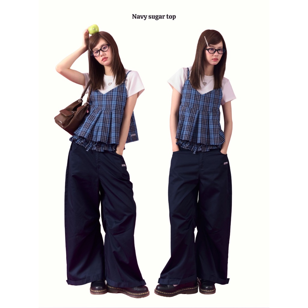 3.3 Navy sugar set เสื้อสายเดี่ยวคู่กางเกง layer สีสก็อตกรม