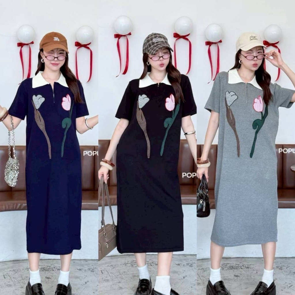 เดรสไหมพรมนิตติ้ง งานทรงคอปกแขนสั้นแบบทูโทน ปักลายทิวลิปที่อก คอซิป