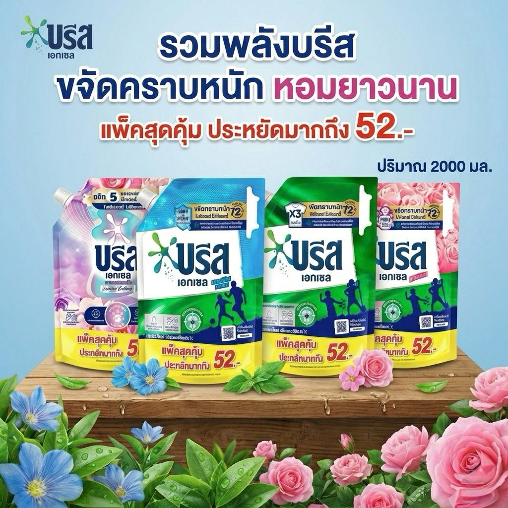 🔥จัดส่งเร็ว🔥บรีสเอกเซล น้ำยาซักผ้า สูตรเข้มข้น 2 ลิตร X 1 มีให้เลือก4สูตร