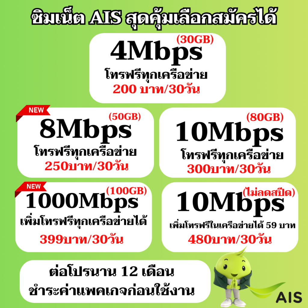 AIS ซิมเทพ เอไอเอส เน็ตไม่อั้น 4 ,8,10,1000 Mbps + โทรฟรีทุกเครือข่าย ต่ออายุอัตโนมัตินาน 12 เดือน เติมเงิน+กดสมัคร