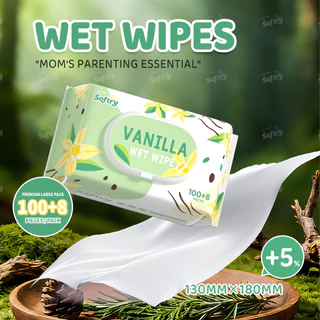 Softry ทิชชู่เปียก 108แผ่นx 5 แพ็ค (540 แผ่น) กลิ่นวานิลลา สารสกัดวานิลา naturelle ชุ่มชื้นผิวเด็ก