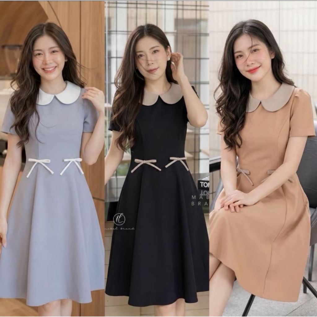 [Mabel brand] Z07 เดรสผ้าเปเป้อัดกาว คอบัว ย้วย 7 ชิ้น ยาว 39 นิ้ว