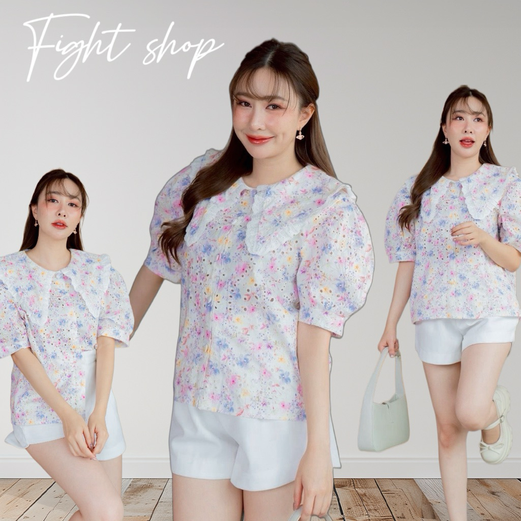 Fight เสื้อฉลุลายดอกผ้าอย่างดี  ปกแหลมดีเทลลูกไม้ขาว