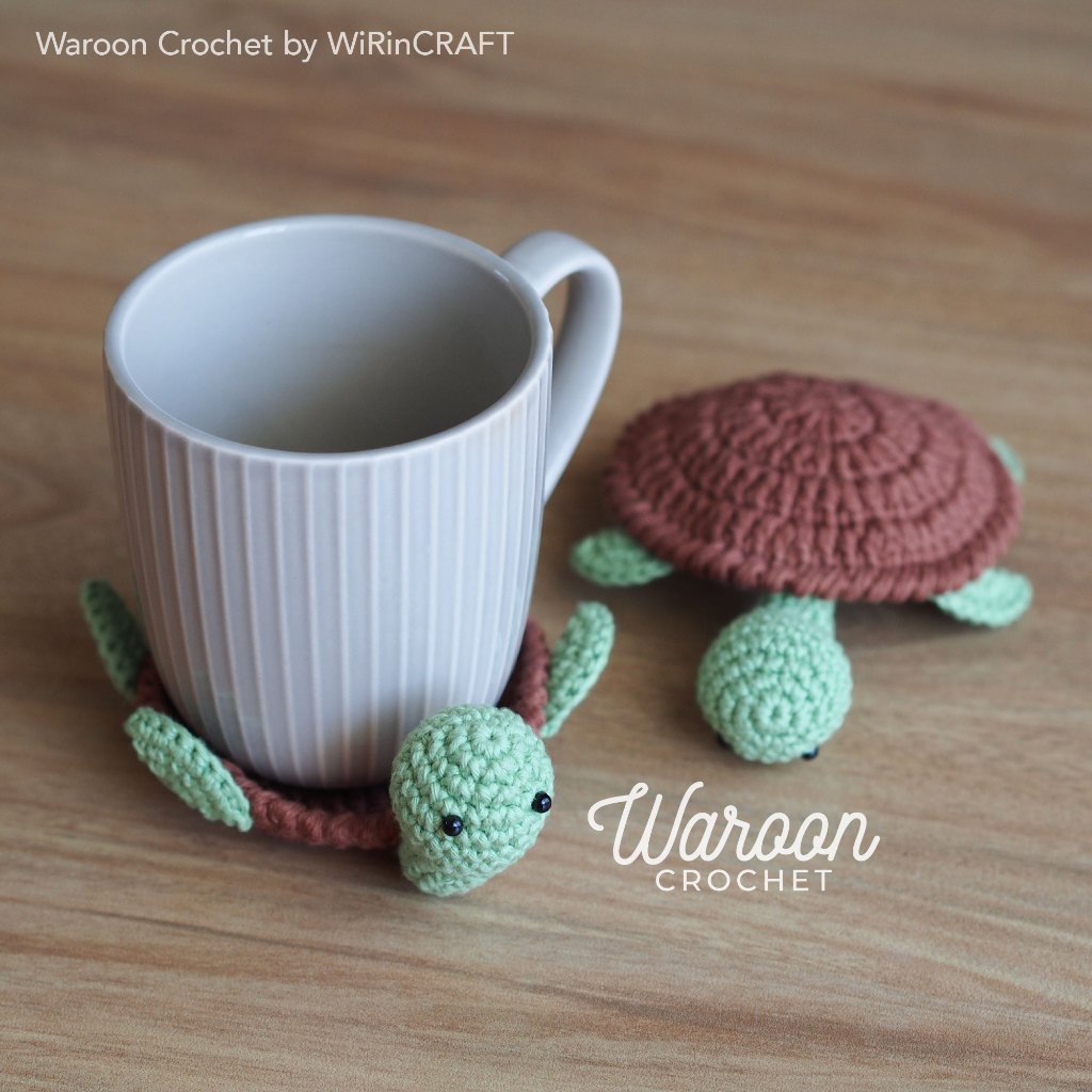 แผ่นรองแก้ว เต่า งานถักโครเชต์ | Turtle Cup Coaster by Waroon Crochet