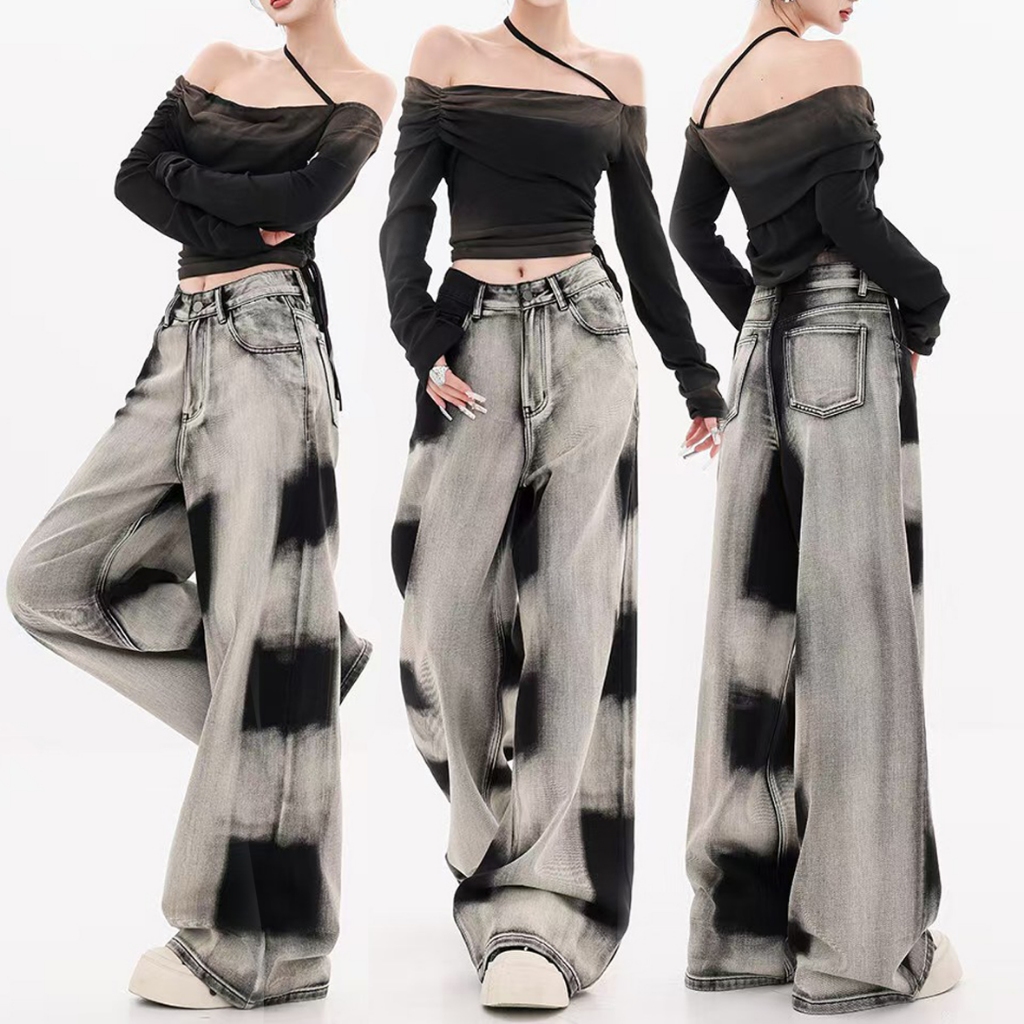 S~5XL Tie-dye style jeans กางเกงยีนส์ดีไซน์ทันสมัยไฮสตรีทอินเทรนด์ปี 2026 กางเกงหลวมลำลองและอเนกประสงค์ใหม่ HOT