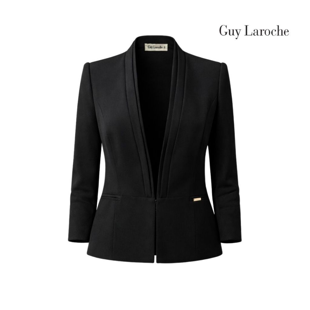 Guy Laroche แจ็คเก็ตทำงานผู้หญิง คอวี เข้ารูป แขนยาว ทรงครอป สีดำ G9R2BL