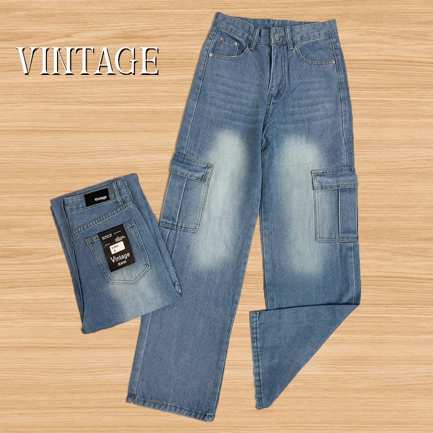 Vintage รุ่น #9106 กางเกงยีนส์ คาร์โก้ แต่งเฟดขา ขากระบอกสไตล์วินเทจ กระเป๋าตรง 2 ใบ – โปรปัง