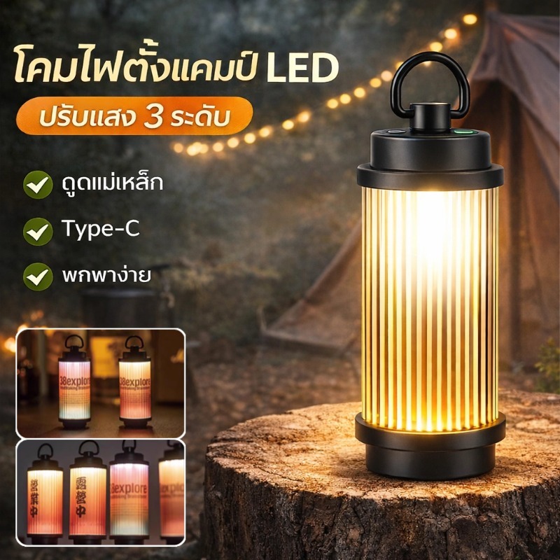 ไฟตั้งแคมป์ LED 2000mAh Type-C ปรับแสงได้ กันน้ำ IPX5 ไฟฉายแคมป์ปิ้ง Outdoor
