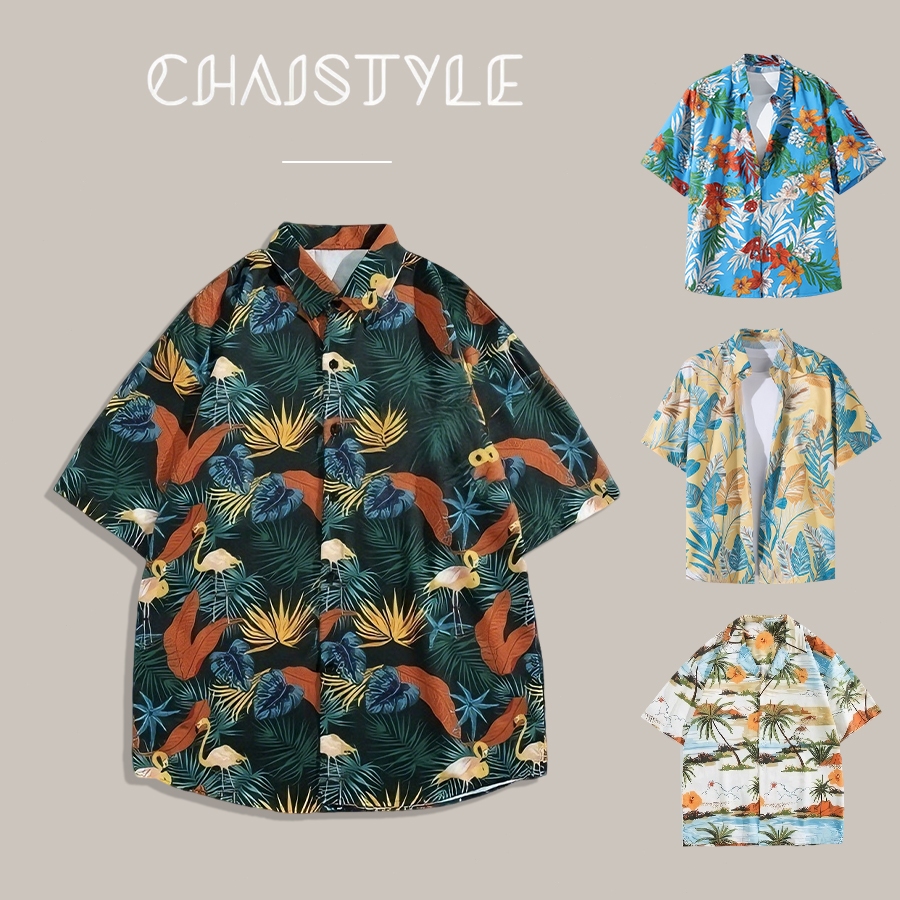 Chaistyle เสื้อเชิ้ตลายดอกไม้สำหรับผู้ชาย แบบหลวมลำลอง สไตล์ย้อนยุค สิ่งจำเป็นสำหรับวันหยุดพักผ่อนริมทะเล ชุดสงกรานต์