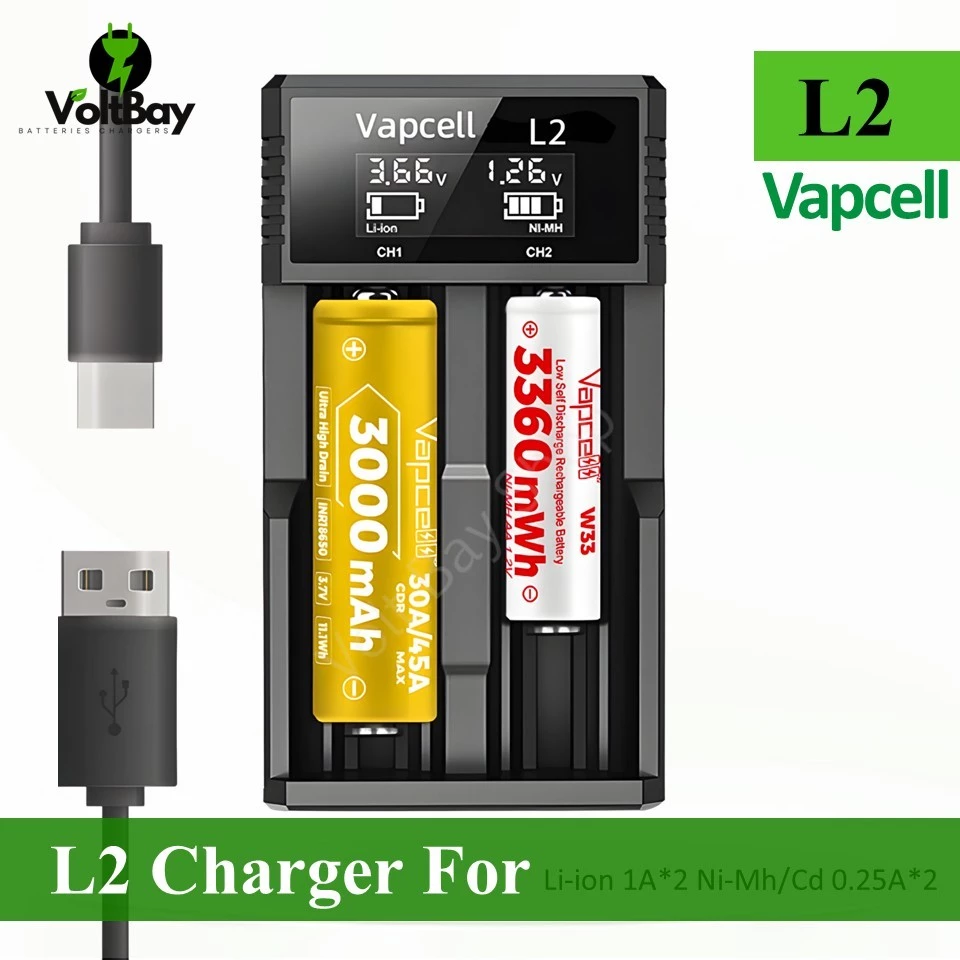 [มาใหม่!!!] เครื่องชาร์จ Vapcell รุ่น L2 USB-C LCD Charger รองรับ 3.7V Li-ion/1.2V Ni-MH