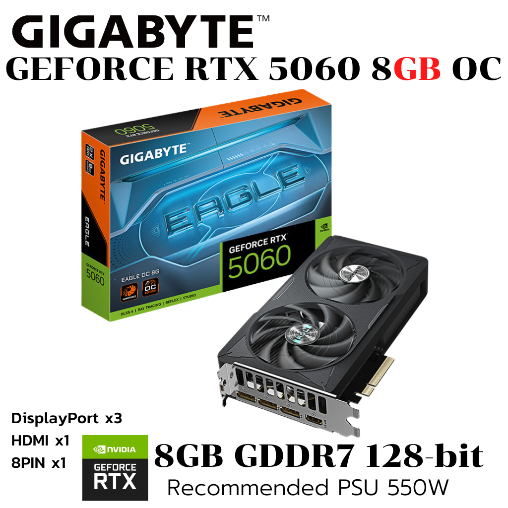 VGA(การ์ดจอ) GIGABYTE GEFORCE RTX 5060 EAGLE OC 8G - 8GB GDDR7