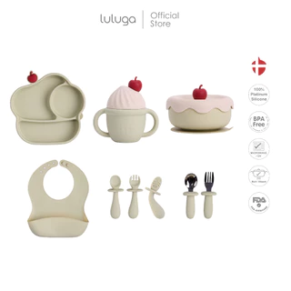 Luluga ชุดทานข้าวเด็ก 6 ชิ้น ชามซิลิโคนเด็ก จานซิลิโคน แก้วหัดดื่ม ชามดูดโต๊ะ ช้อนส้อมเด็ก BPA Free Platinum Silicone