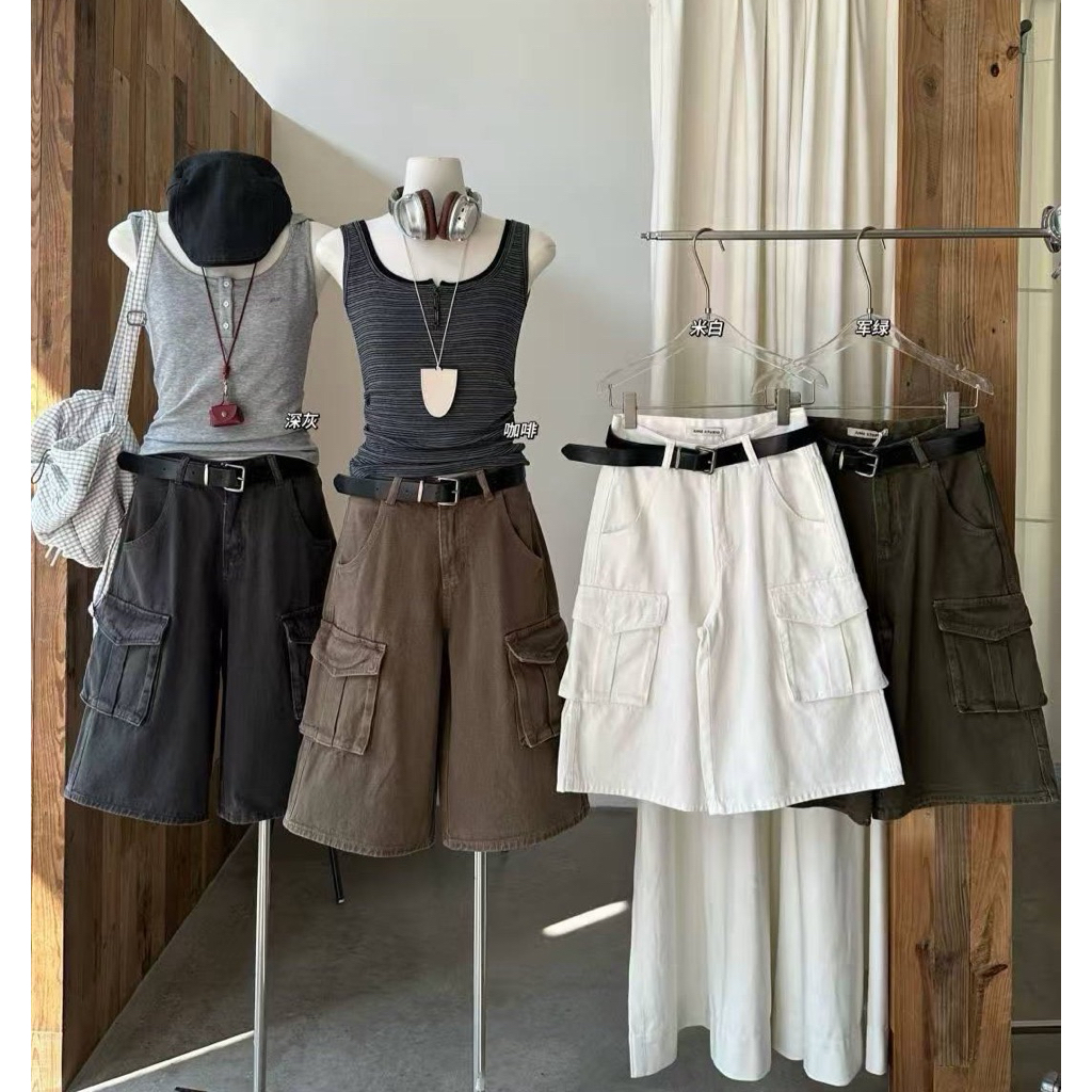 🇰🇷กางเกงยีนสีพื้นขาสามส่วน ผ้าแต่งกระเป๋าด้านข้าง พร้อมเเข็มขัดหนังสีดำ Tag June Studio🇰🇷