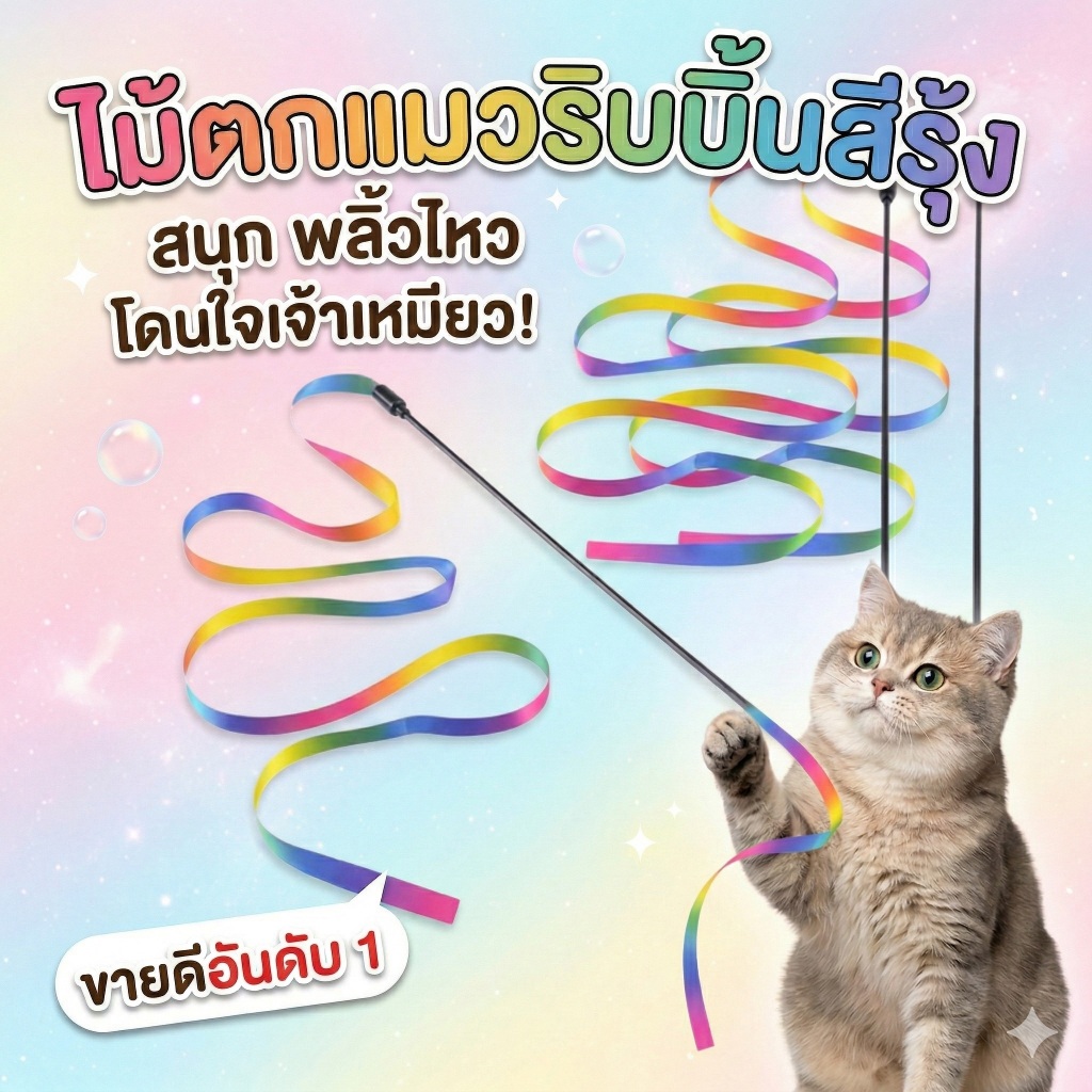 ส่งไว ไม้ตกแมว ริบบิ้นสีรุ้ง ไม้ล่อแมว ยาว 120cm ของเล่นแมว ทนใช้ยาว ด้ามยาว 50cm แมวชอบมาก