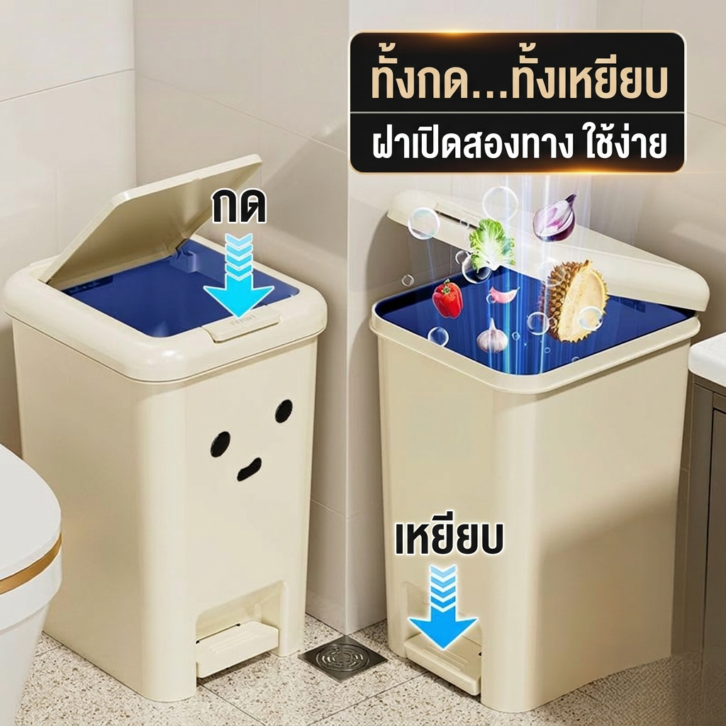 Joy ถังขยะ แบบเปิดมือ-เปิดเท้า ถังขยะใหญ่ ถังขยะมินิมอลพลาสติกทรงสี่เหลี่ยม ถังขยะฝาปิด ถังขยะ ถุงขยะแจกฟรี