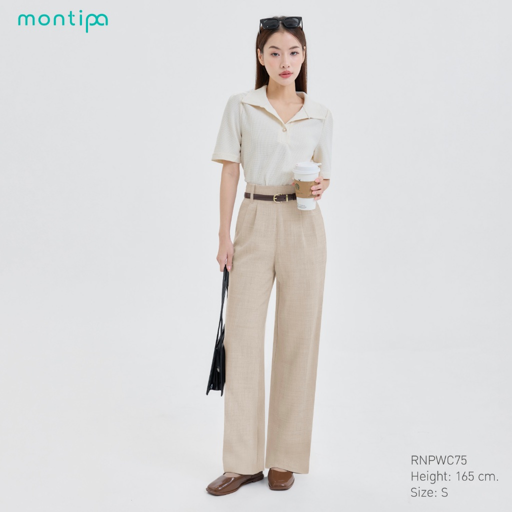 Montipa กางเกงทรงกระบอกกลาง ซิปหลัง ขอบเอวในตัว แต่งจีบหน้า ผ้า Comfort RNPWC75