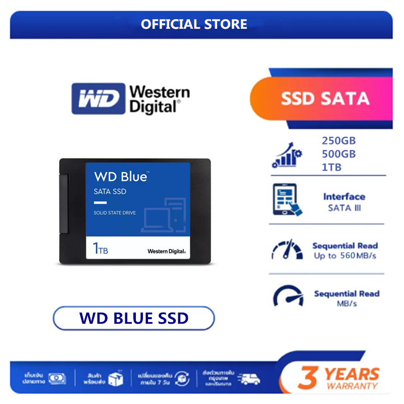 【จัดส่งในพื้นที่】SSD ใหม่ 250GB/500GB/1TB WD BLUE เอสเอสดี SATA 3 2.5"(WDS500G2B0A) 3D NAND ประกัน 3