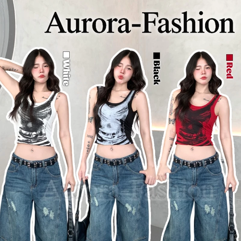 Aurora🛒พร้อมส่ง🚚 (รูปถ่ายจากงานจริง) เสื้อกล้ามไม่มีแขนผู้หญิง ลวดลายพิมพ์บุคลิกภาพ แบบสั้น ทรงเข้ารูป