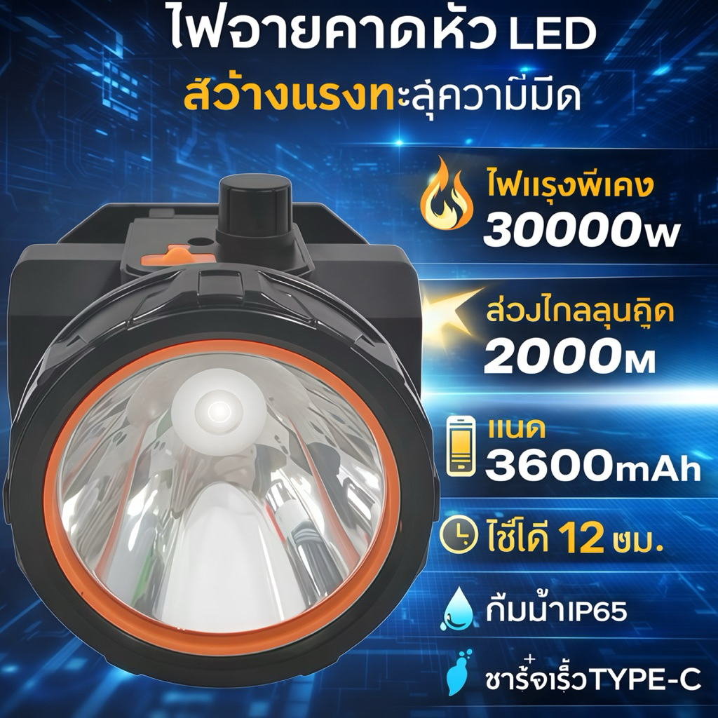 【พร้อมส่ง】ไฟฉายคาดศรีษะ 30000W กันน้ำไฟแรงสูง สว่างมาก แบต3600mAh ไฟพกพา ใช้กลางคืน/แคมป์ปิ้ง