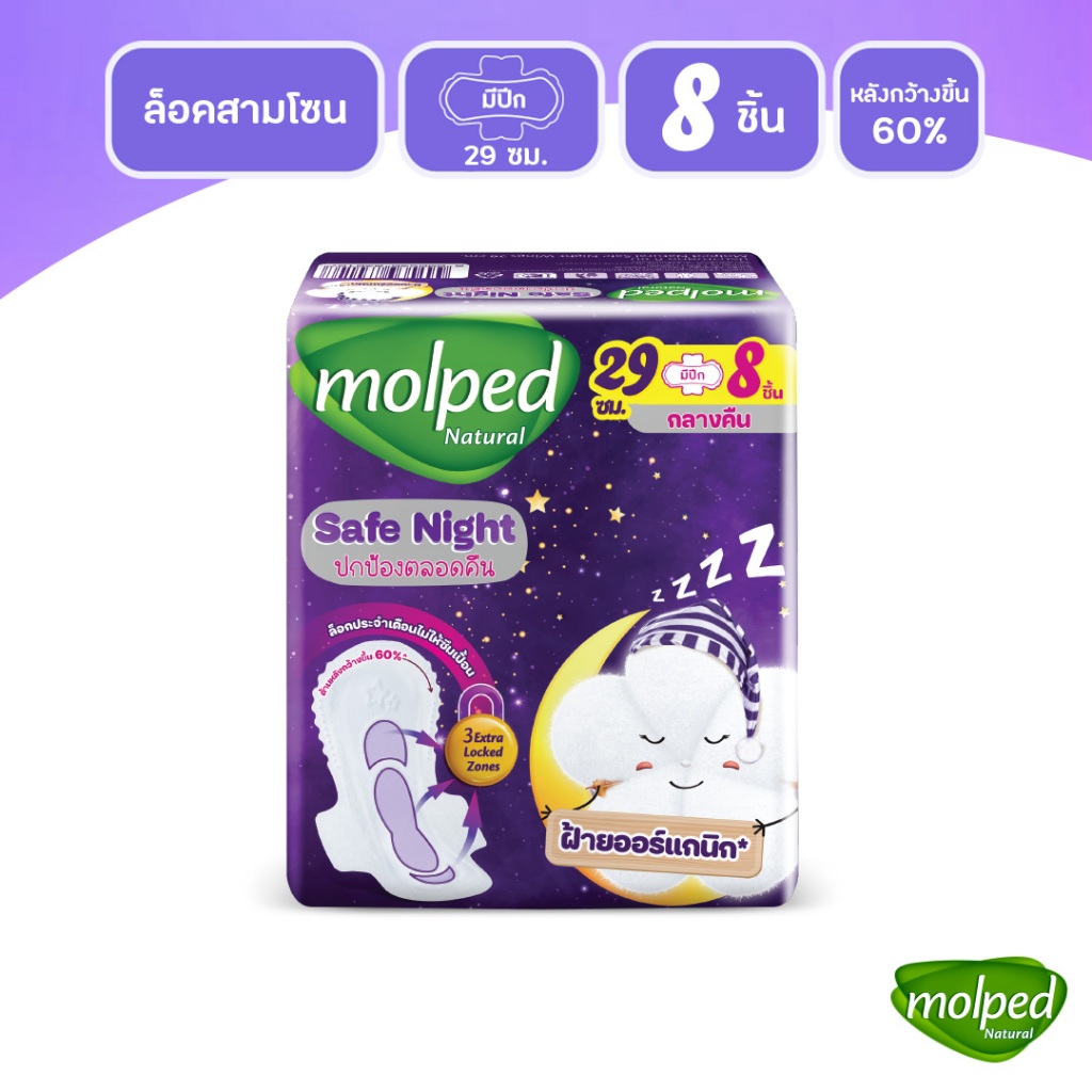 Molped โมลเพด เซฟ ไนท์ ผ้าอนามัย สำหรับกลางคืน แบบมีปีก 29 ซม. จำนวน 8 ชิ้น