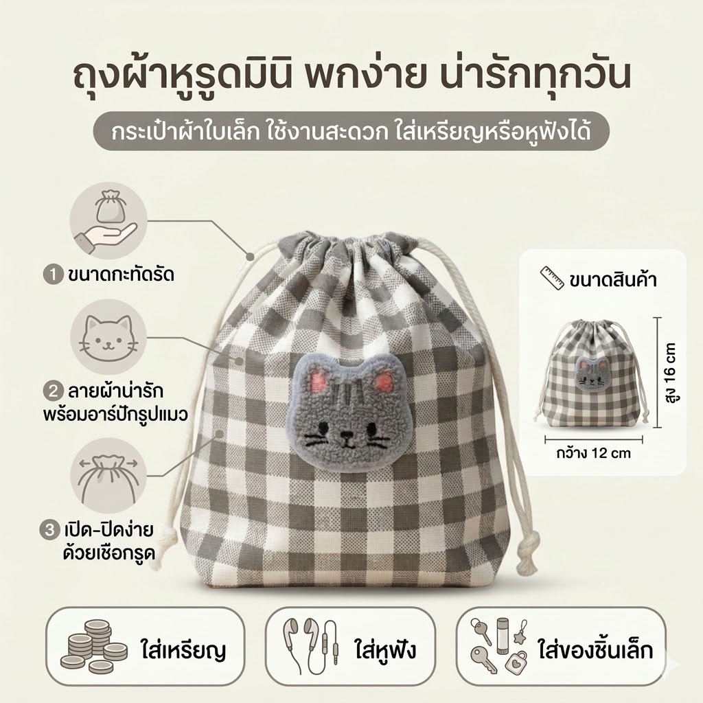 ถุงผ้าหูรูด ใบเล็ก+การ์ตูน (ผ้า Cotton) ลายน่ารัก จัดส่งไว ราคา ถูกที่สุด ดีลบีเคเค แกลเลอรีภาพที่ 7