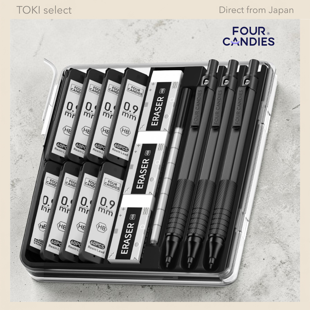 Four Candies Metal Mechanical Pencil Set with Case - 0.5mm, 0.7mm, and 0.9mm - 3 Pencils, 480 HB Lea