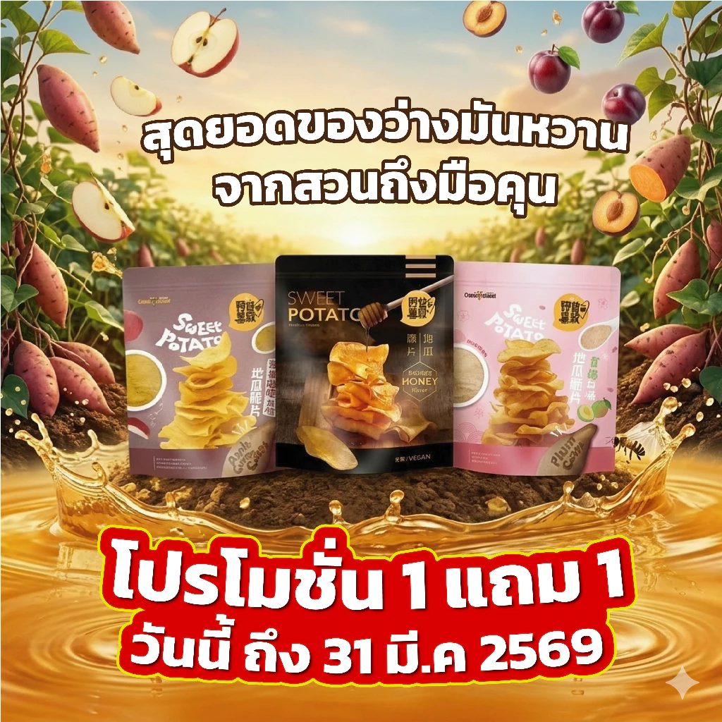 1 ฟรี 1(มันหวานทอดกรอดรสพลัม) Uncle Sweet Potato Crisps Plum Flavor