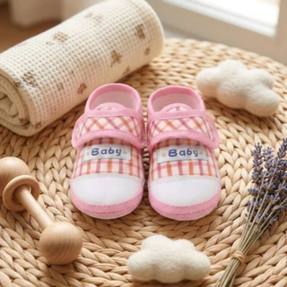 Babyonline(X082)2E2 (ส่งด่วน1วัน) รองเท้าผ้าใบแฟชั่นลายสก็อตสำหรับเด็กวัยหัดเดิน พื้นนิ่ม เบา มีกันลื่น ใส่สบาย
