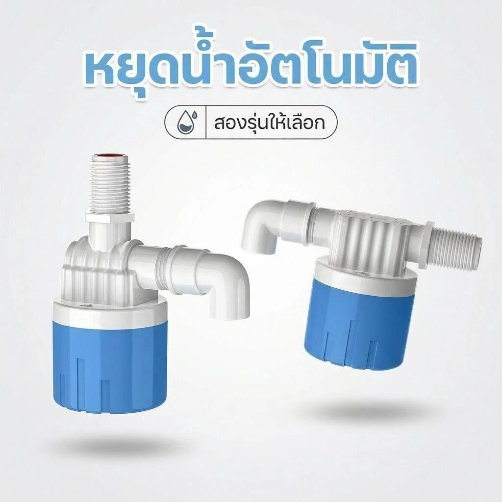 ลูกลอยควบคุมน้ำอัตโนมัติขนาด 1/2" 3/4" และ 1" สีฟ้าพลาสติกอย่างดี ทางน้ำออกมีงอ 90 แถมวาล์วลอยน้ำด้ายยาว