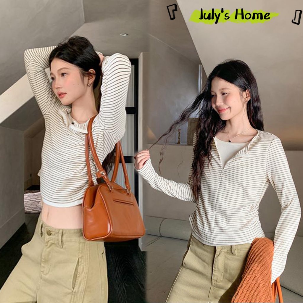 เสื้อยืด เสื้อลายทาง เเบบ2ชิ้นติดกัน ลายทางสีตัดกัน สไตล์วินเทจ#J2421 – โปรปัง