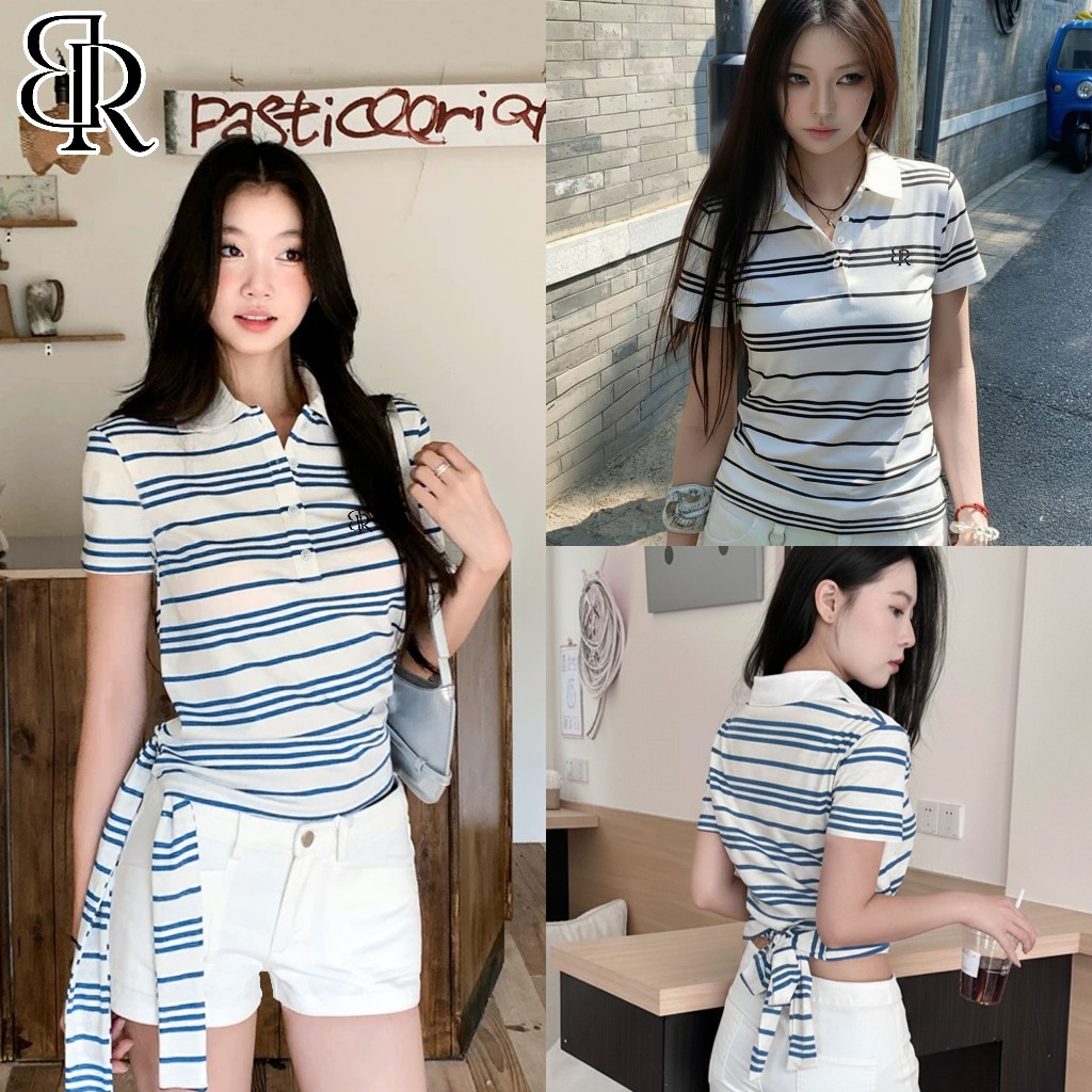 B&R พร้อมส่ง เสื้อโปโลผู้หญิงแขนสั้นลายทาง เสื้อเชิ้ตคอปกทรงเข้ารูป ด้านหลังมีสายผูก ขนาด S-2XL