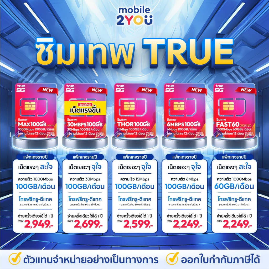 ซิมเทพ ทรู ซิมรายปี สุดคุ้ม โทรไม่อั้น maxspeed fast70 thor 6mbps เน็ตไม่อั้น mobile2you.