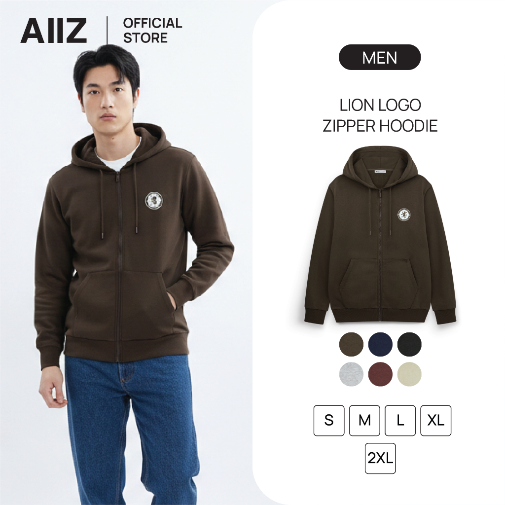 AIIZ (เอ ทู แซด) - AIIZ เสื้อฮู้ดผู้ชายแบบซิปผ้าเฟรนช์เทอร์รี่ย์ โลโก้สิงห์ Men’s Lion Logo Zipper Hoodie