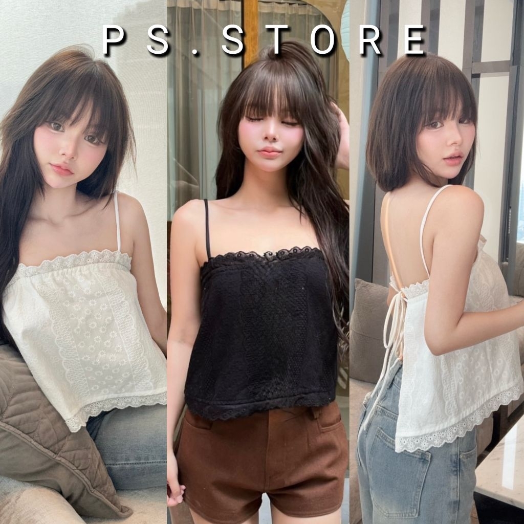 Lumi : เสื้อสายเดี่ยวผ้าปักฉลุลายดอกแต่งขอบลูกไม้ ดีเทลผูกเชือกด้านหลัง