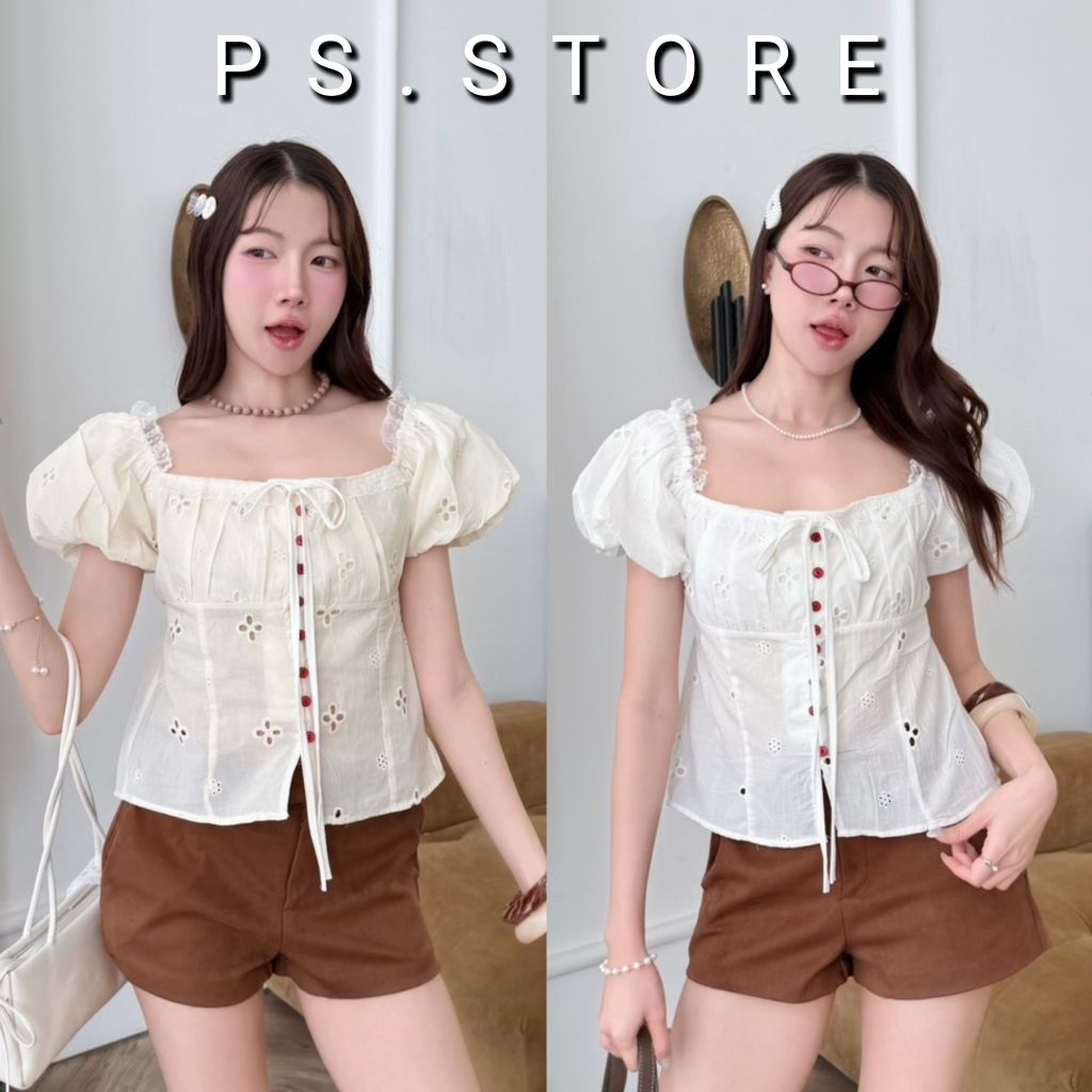 Linly : เสื้อแขนตุ๊กตาผูกโบว์หน้าผ้าคอตตอลปักฉลุลายดอก งานกระดุมหน้า