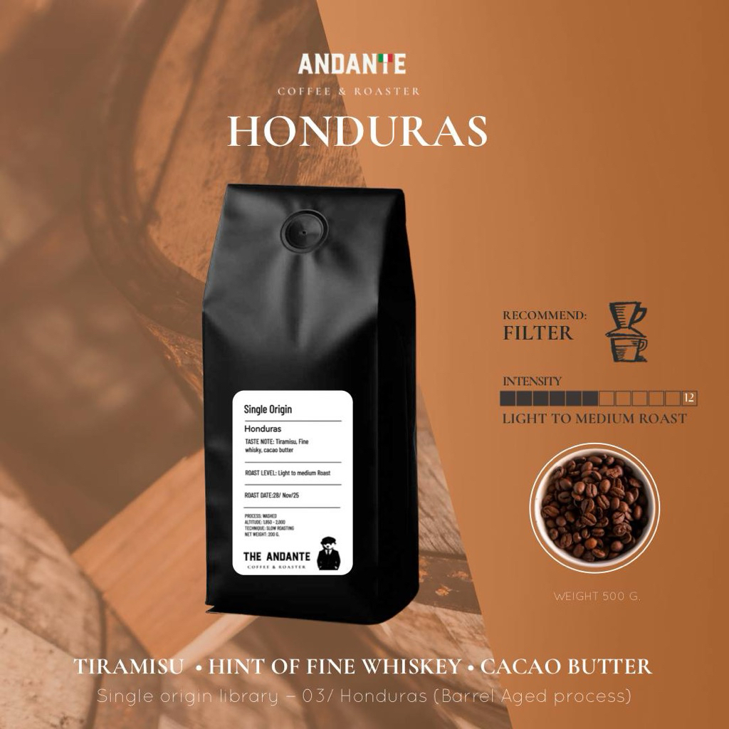 The Andante เมล็ดกาแฟคั่วอ่อน ฮอนดูรัส บ่มถังวิสกี้ พรีเมียม Honduras Fine Whiskey Barrel Aged refill bag