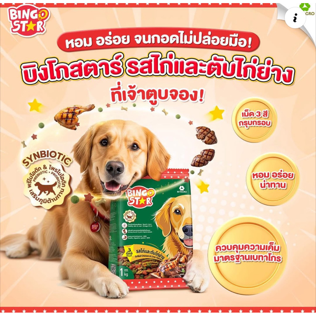 Bingostar (บิงโกสตาร์) อาหารสุนัขแบบเม็ด สูตรไก่และตับย่าง สำหรับสุนัขทุกสายพันธุ์