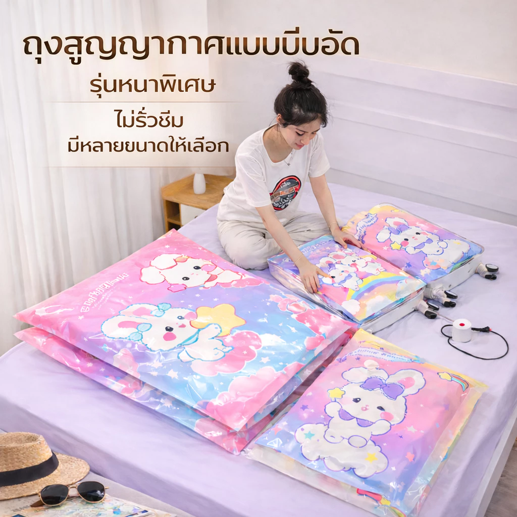 ถุงสูญญากาศเก็บผ้านวม ถุงบีบอัดสูญญากาศ สำหรับเสื้อผ้า ผ้าห่ม ขนาดใหญ่ 50x70 60x80 80x100 ซม. วัสดุ PA+PE รุ่นหนาพิเศษ ก