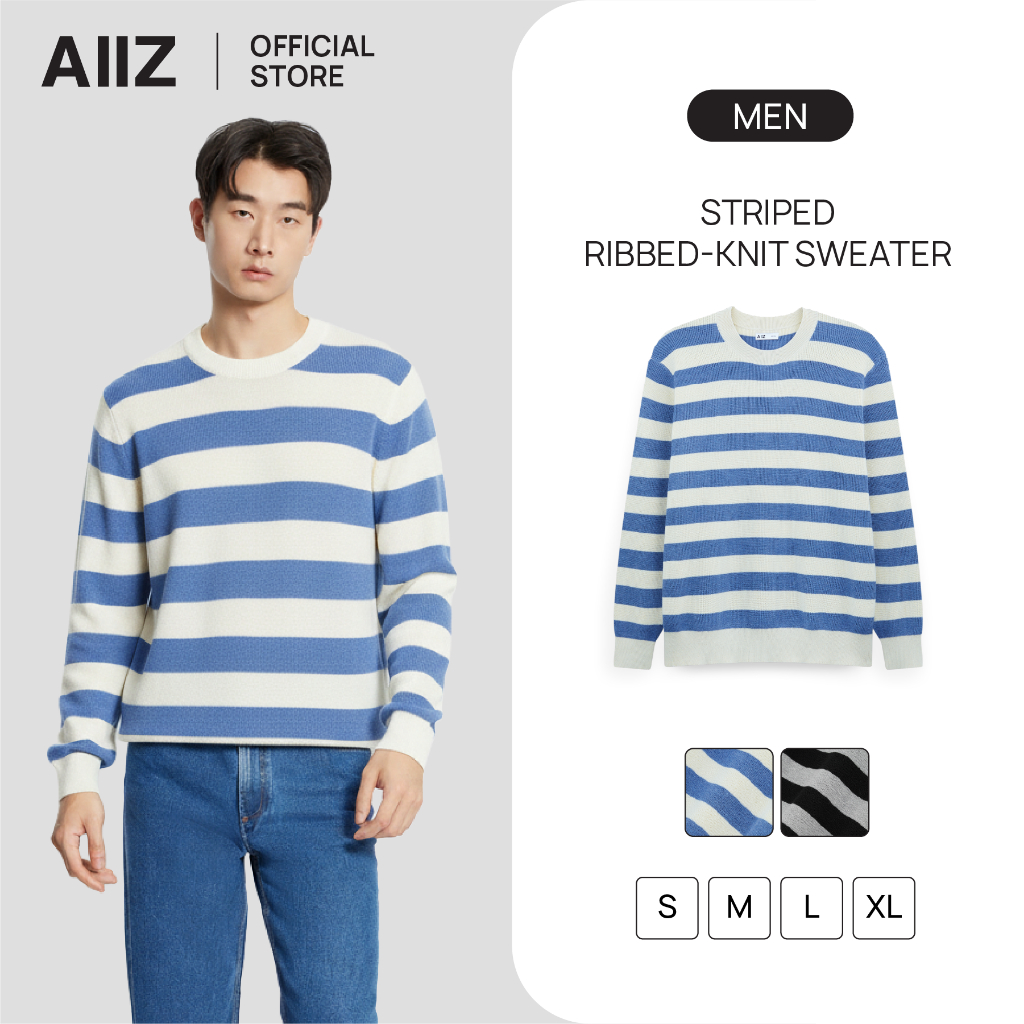 AIIZ เสื้อสเวตเตอร์ผู้ชายทอริบทอลายทาง AIIZ Men's Striped Ribbed-Knit Sweater