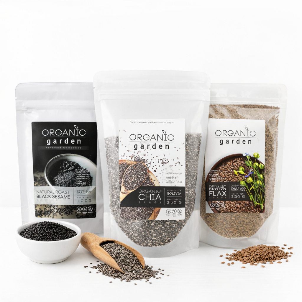 Daily Fiber Trio | ชุดเริ่มต้นไฟเบอร์(Chia 250g.+Brown flaxบด 250g.+Sesame powder100g.)