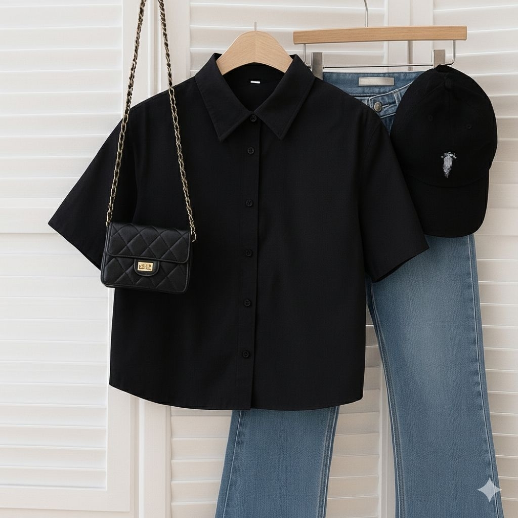 เสื้อเชิ้ตผู้หญิงแขนสั้น สีดำ เชิ้ตดำ เนื้อผ้าคอตตอน100% งานไทย พร้อมส่ง By Minimal Club