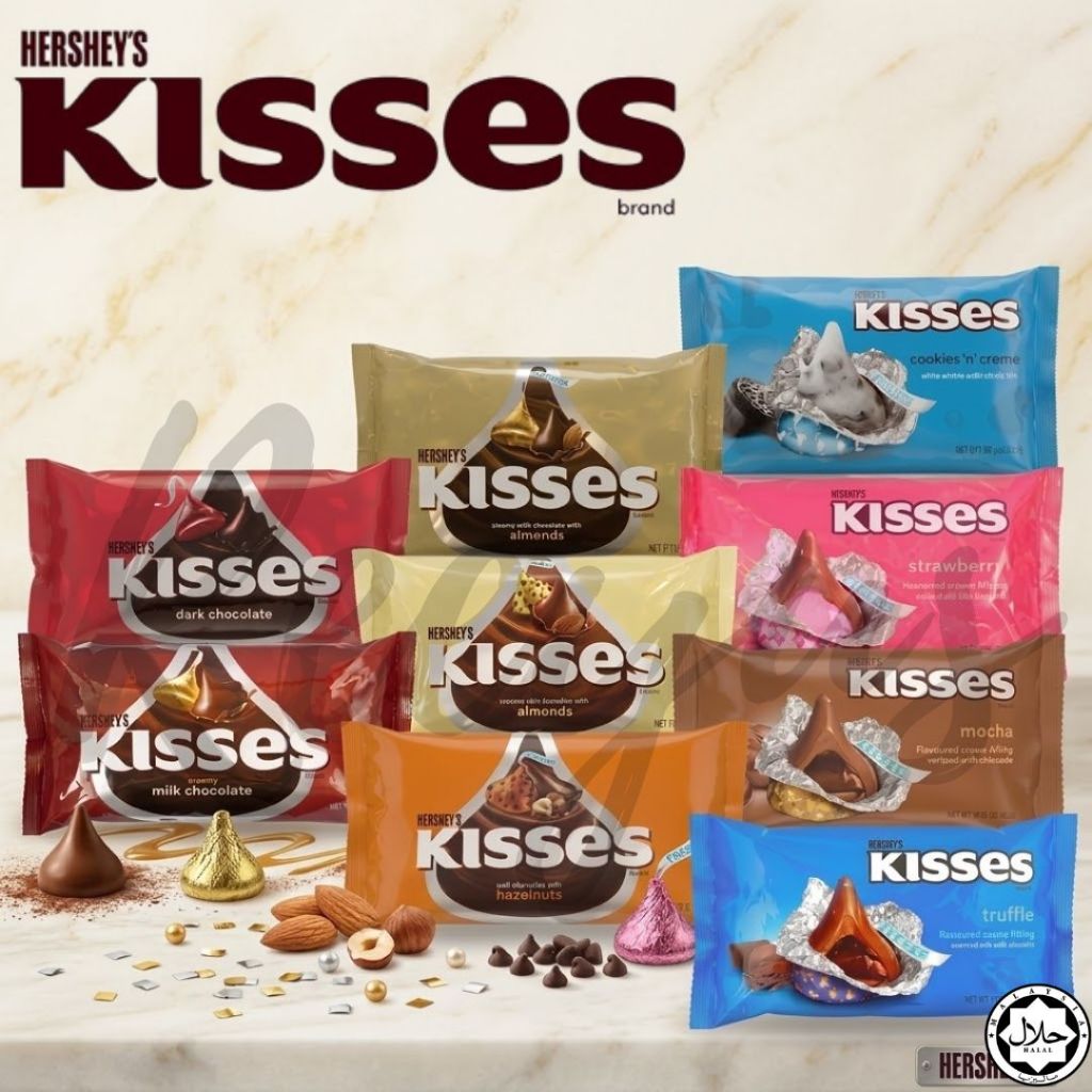 Hershey's Kisses หลากหลายขนาด มี 9 รส  1 ถุงมีประมาณ 50 ชิ้นแยกห่อด้วยฟอยล์ มีฮาลาล จากมาเลเซีย
