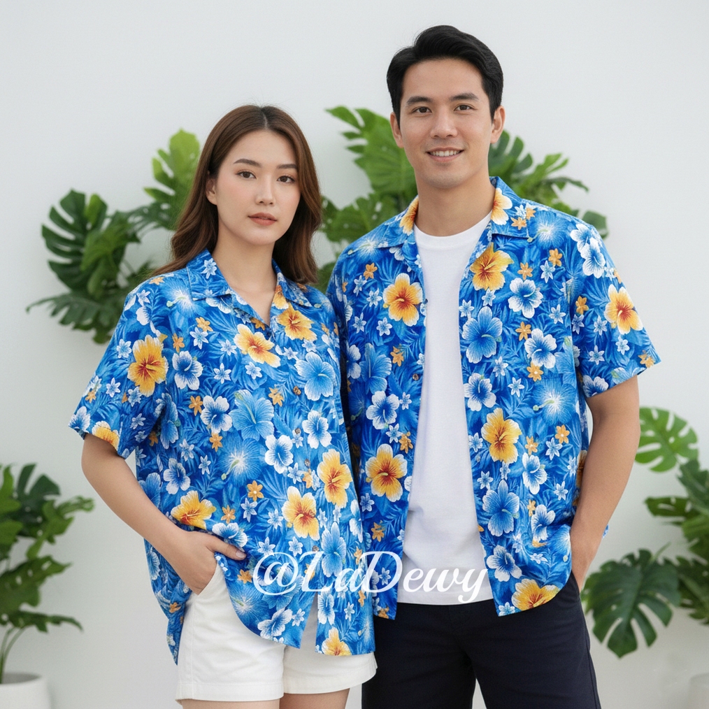 งานไทย เสื้อลายดอก เสื้อสงกรานต์ 6สี 7ไซส์ สีสันสดใส เชิ้ตฮาวาย Hawaiian Shirt HW286 รูปที่ 7