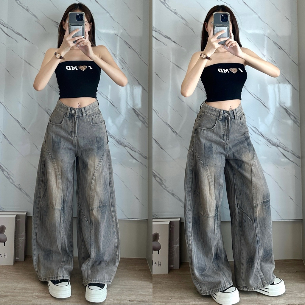 CHANA - Barrel Dirty Jeans 7617-1 ทรงบาเรลสไตล์สตรีทสีเทาเกร์ย ( Gray ) ผ้าไม่ยืด ใส่เอวต่ำ-สูงได้
