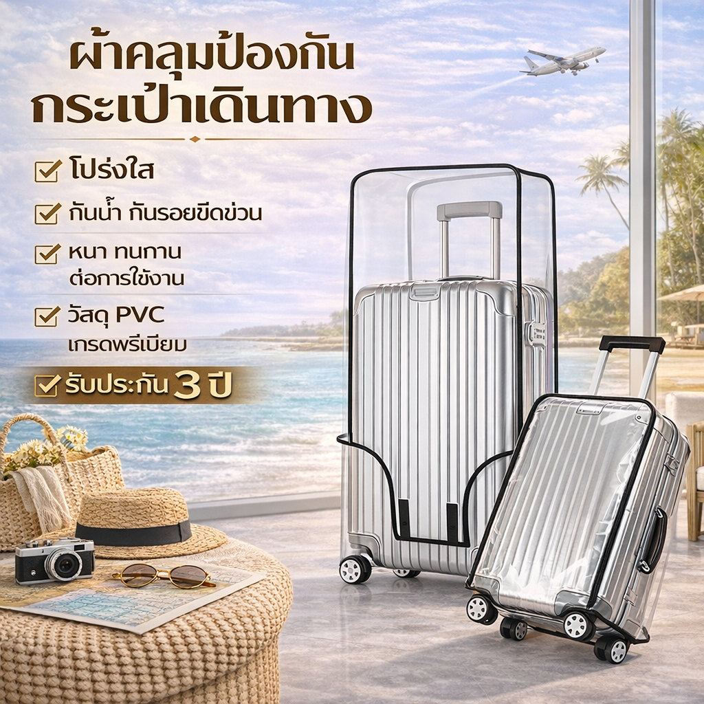 ผ้าคลุมกระเป๋าเดินทาง PVC ใส รุ่นหนาพิเศษ กันน้ำ กันฝุ่น กันรอยขีดข่วน ทนทาน สำหรับกระเป๋า 18/20/22/24/26/28/30 นิ้ว